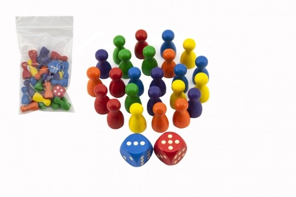 Figurer træ 25mm 24 stk 6 farver+ 2 terninger selskabsspil i pose 7x13cm