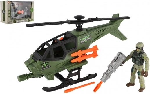 Militær helikopter med soldat og tilbehør – plastisk legeværktøjssæt