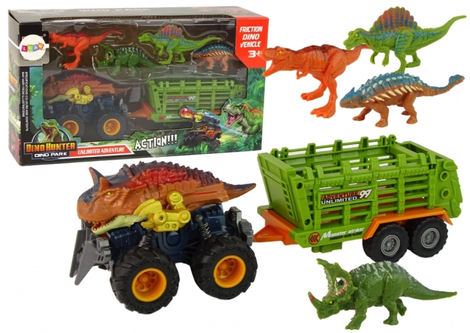 Dinosaurvogn med trailer og 4 dinosaurfigurer