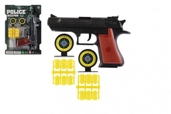 Pistol skumpistol 17cm plast + patroner 12stk + målskive 2stk på kort