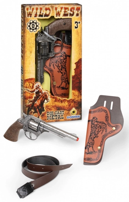 Metal metal cowboy revolver med hylster 8 patroner Gonher