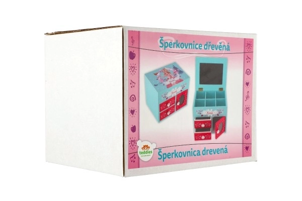 Prinsesse smykkeskrin 3 skuffer afklappelig top med spejl træ 16x12,5x12cm i kasse