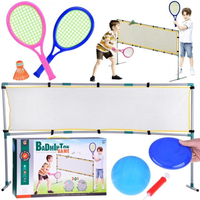 Sportssæt 3i1: Volleyballnet, badmintonsæt, frisbee