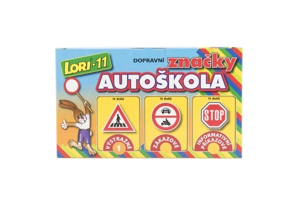 Byggesæt LORI 11 Køreskole Trafikskilte 16stk+2 kegler+bil plast i æske 22x13x6cm