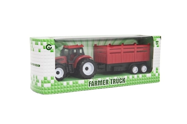 Traktor med trailer plast 21cm fri bevægelse 2 farver i æske 23x9x6cm