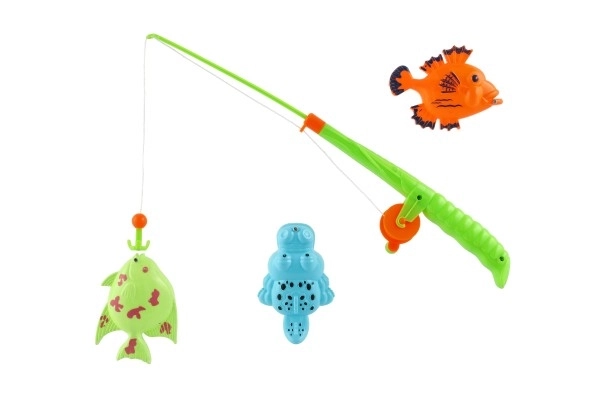 Fiskespil/fisker magnetisk plastik 3 stk.+stang plastik 34cm mix farver på kort