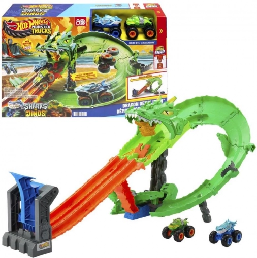 Hot Wheels Monster Trucks Drageræs – banesæt med dobbelt affyring og 2 biler
