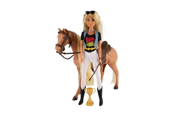 Hest drikkeflaske + dukke jockey Anlily leddet plast med tilbehør i kasse 32x36x11cm