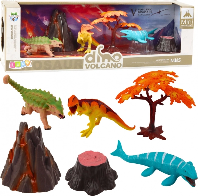 Sæt med realistiske dinosaurfigurer med vulkan og træ