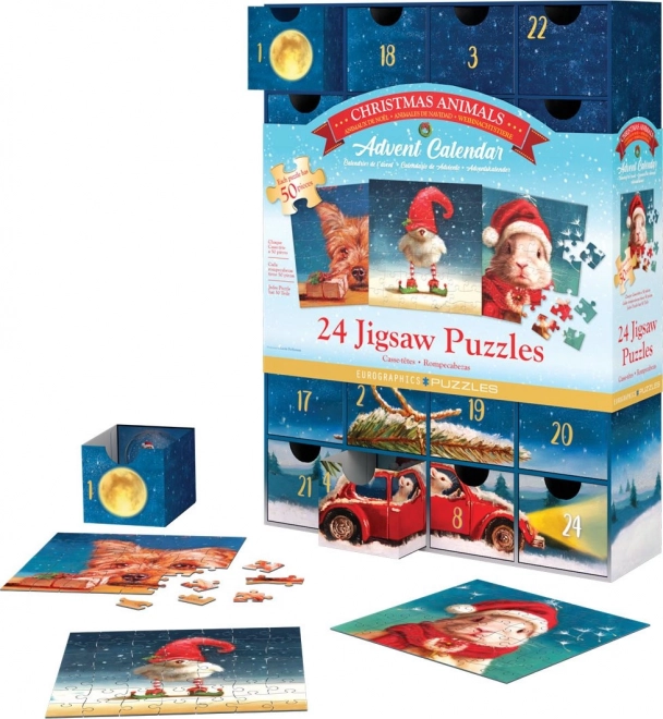 Adventskalender med puslespil Eurographics 24 x 50 stykker – Julemotiver af dyr