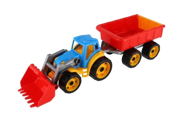 Traktor/lastmaskine/graver med trailer i liggende plast til fri kørsel 2 farver i net 16x61x16cm