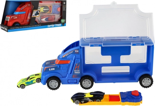 Plastlastbil-transportør med små biler, 28 cm, 2 farver