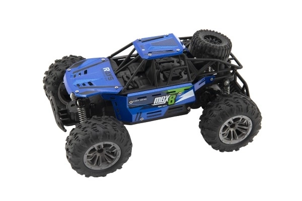 Auto RC buggy terræn blå 22cm plast 2,4GHz på batterier + genopladeligt pack i æske 32x16x18cm