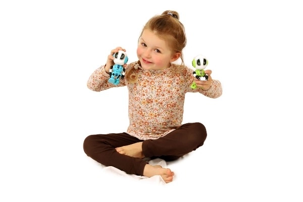 Robot ECHO gentagende sætninger metal 12cm blå på batterier med lyd og lys i æske 10,5x15x5,5cm