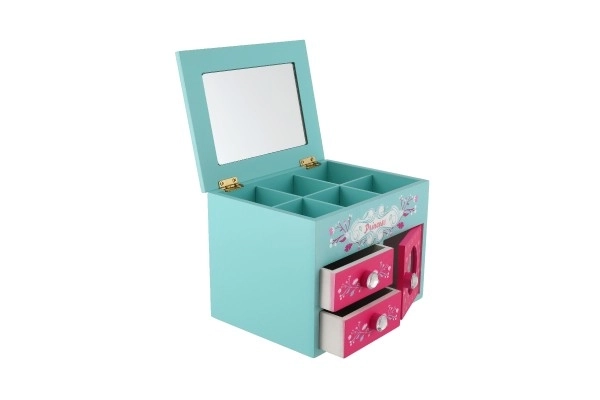 Prinsesse smykkeskrin 3 skuffer afklappelig top med spejl træ 16x12,5x12cm i kasse