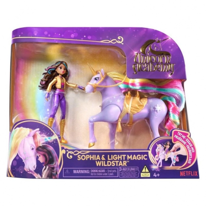 Lysende enhjørning og figur Sophia & Wildstar