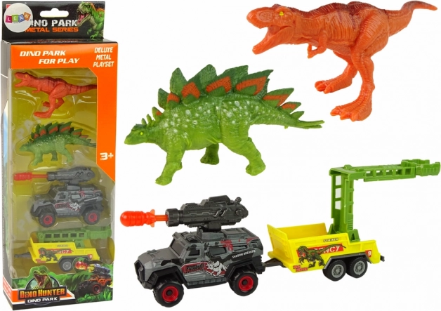 dinosaursæt med bil, raketkaster og trailer