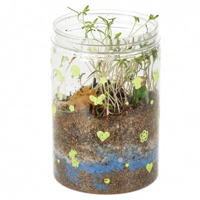 Terrarium til plantning med LED-lampe og dinosaurer