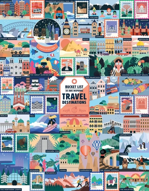Puzzle Ridley's Games Bucket List 1000 brikker – 50 beundringsværdige turistmål