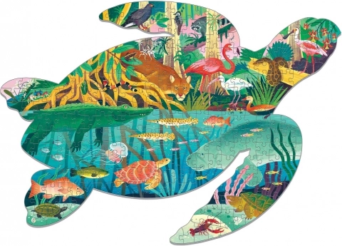 Ikonisk skildpaddesilhuet og levende illustrationer af vådområder