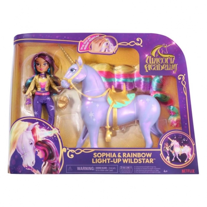 UNICORN AKADEMIET LYSENDE ENHJØRNING WILDSTAR MED DUKKEN SOPHIA 24cm
