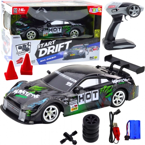 RC-racerbil til drift sort-grøn 30 km/t 1:16
