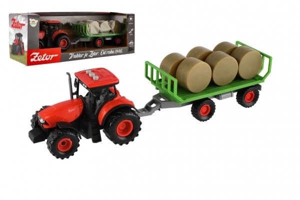 Traktor Zetor med anhænger og plastballer 36cm med friktion kører på batteri med lys og lyd i æske 39x13