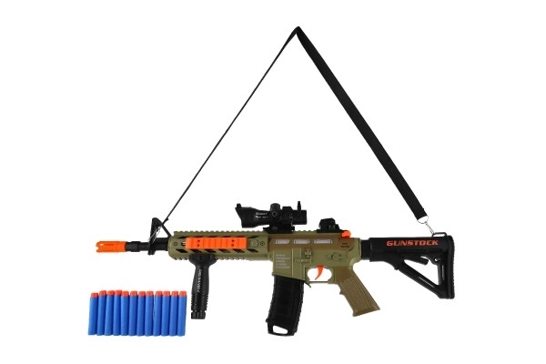 Skumgevær med skumammunition + 12 stk. patroner plast 60cm med lys, lyd i æske 65x27x6cm på batterier