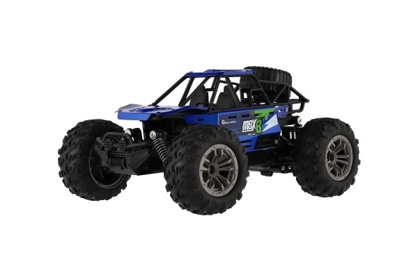 Auto RC buggy terræn blå 22cm plast 2,4GHz på batterier + genopladeligt pack i æske 32x16x18cm