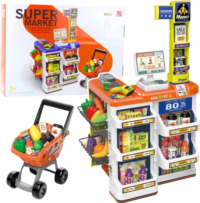 Legetøjsbutik med kasseapparat og indkøbsvogn – supermarkedssæt 60 dele
