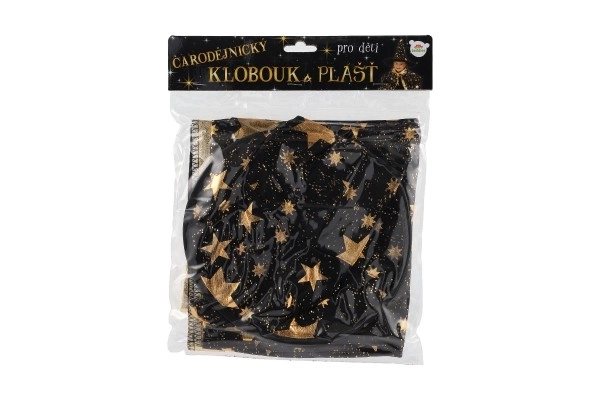 Troldmandshat + kappe til børn diameter 38cm sort-guld i pose karneval