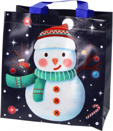 Tekstil gavepose med snemand, mørk, 23 × 21,5 × 11 cm
