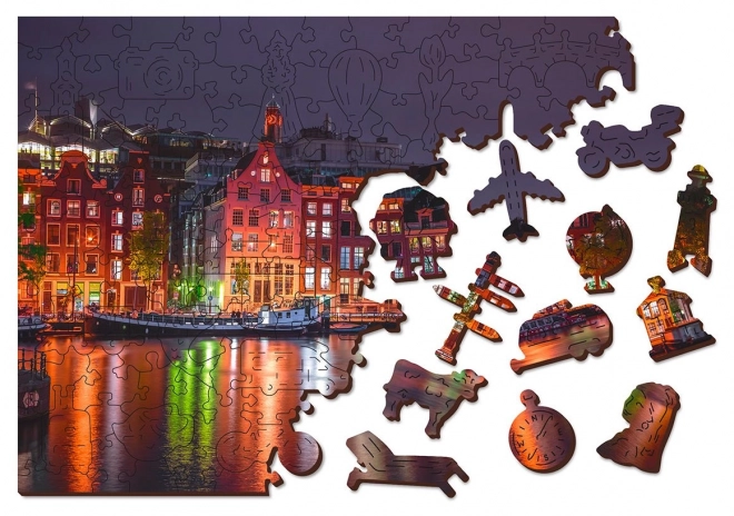 Træpuslespil Natlige Amsterdam med unikke brikker