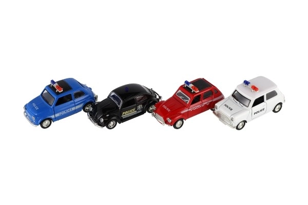 Autopolitibil retro 11cm metal/plast med tilbagegående træk på batteri med lys 4 typer