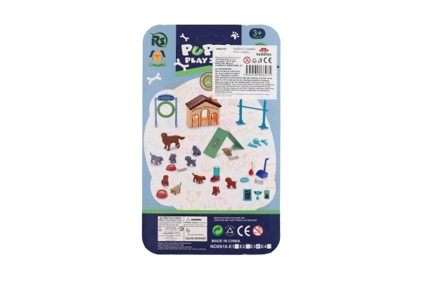 Hundehvalpe/Hund 3 stk med hus/hundehus plast med tilbehør på kort 15x25x5cm