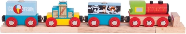 Bigjigs Rail godstog med varer og 3 skinner