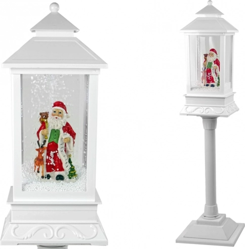 Juledekorativ lampe – hvid lanterne med JULEMANDEN, lys og faldende sne