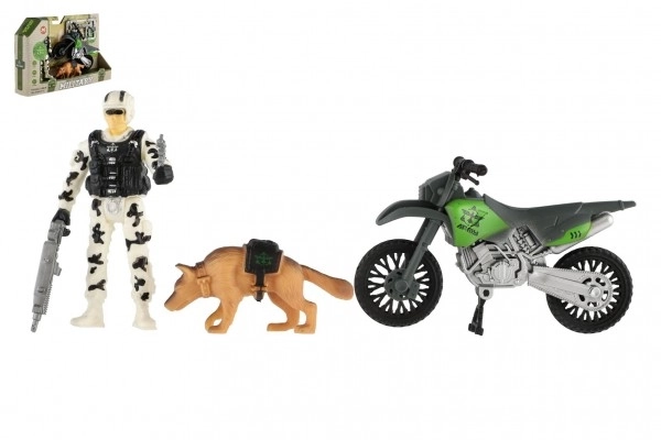 Militært sæt plastik motorcykel, soldat, hund med tilbehør i kasse 23x14x4cm