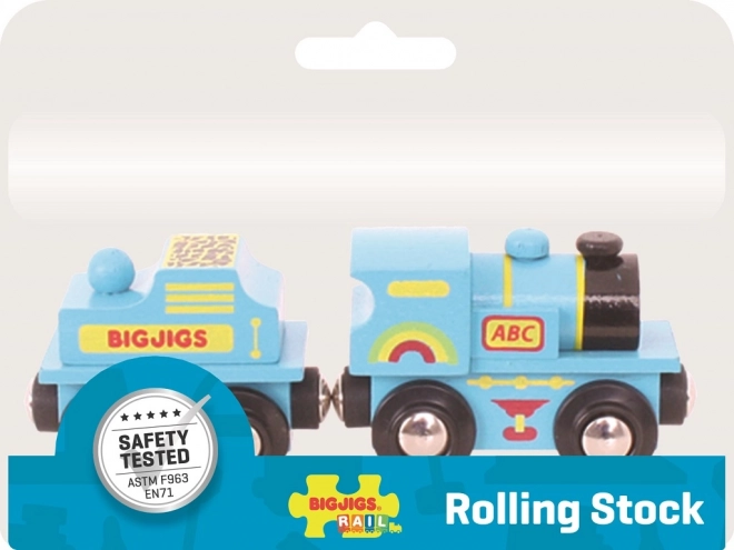 Blå lokomotiv med tender og 2 skinner fra Bigjigs Rail