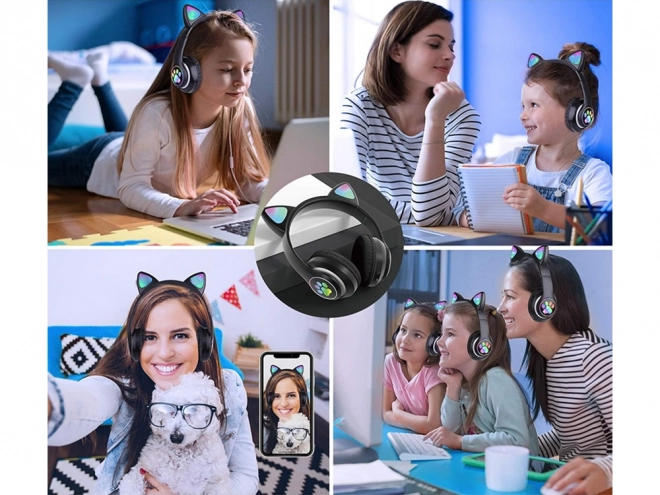 Trådløse hovedtelefoner bluetooth radio fm mp3 katteører LED belysning – sort