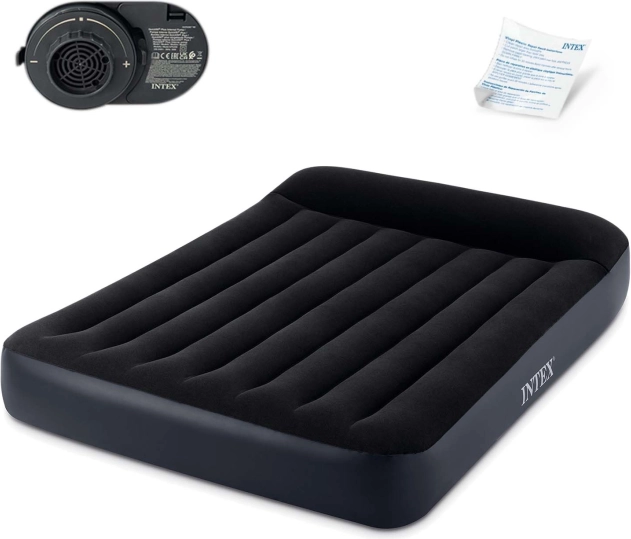 Oppustelig madras 203 × 152 cm med indbygget pumpe og pude INTEX