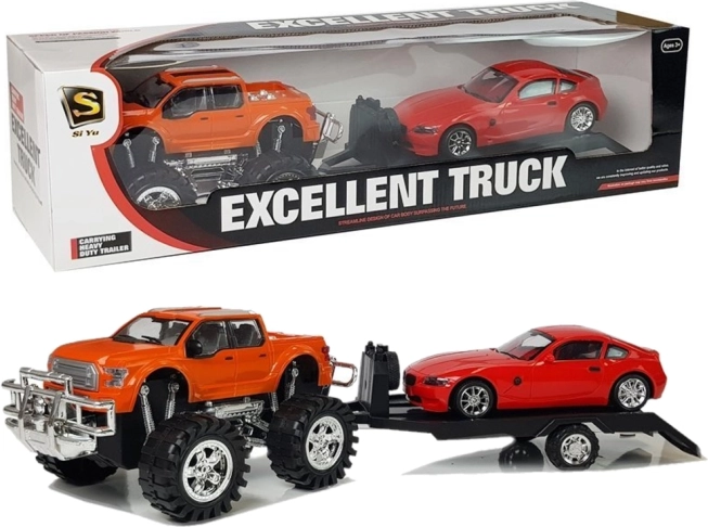 Køretøjssæt: orange monstertruck med bugsertrailer og rød sportsvogn 58 cm