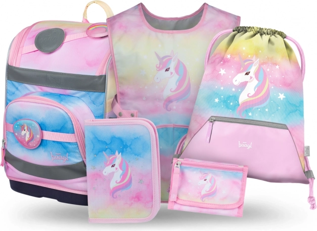 Baagl sæt Zippy Plus Rainbow Unicorn: skoletaske, penalhus, pose, forklæde, pung