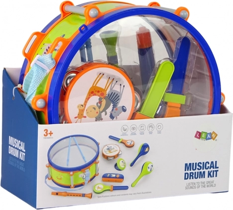 Musikinstrumenter til børn - Sæt med tromme, tamburin, fløjte, rasle, harmonika, dyr