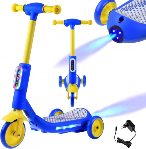 Elektrisk trehjulet børnescooter med LED-lys og dampeffekt – Blå