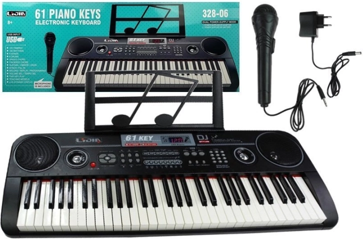 Elektronisk keyboard med 61 tangenter med mikrofon og strømforsyning
