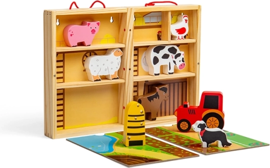 Bigjigs Toys bærbar træfarm i æske med dyr og traktor