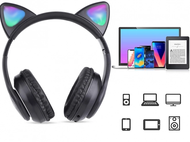 Trådløse hovedtelefoner bluetooth radio fm mp3 katteører LED belysning – sort