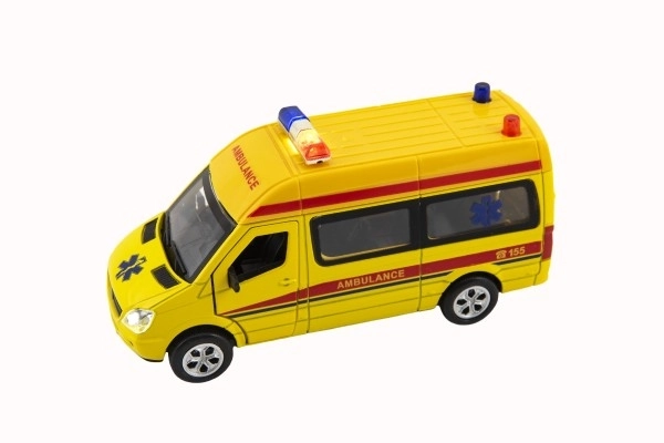 Auto ambulance metal/plast 15cm med batteri, med lys og lyd på tilbagespoling 6stk i boks