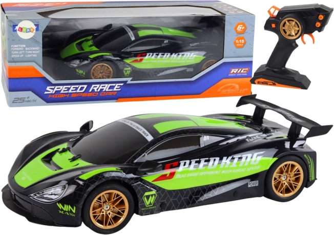 RC sportsvogn 1:10 grøn‑sort med LED og 2,4 GHz